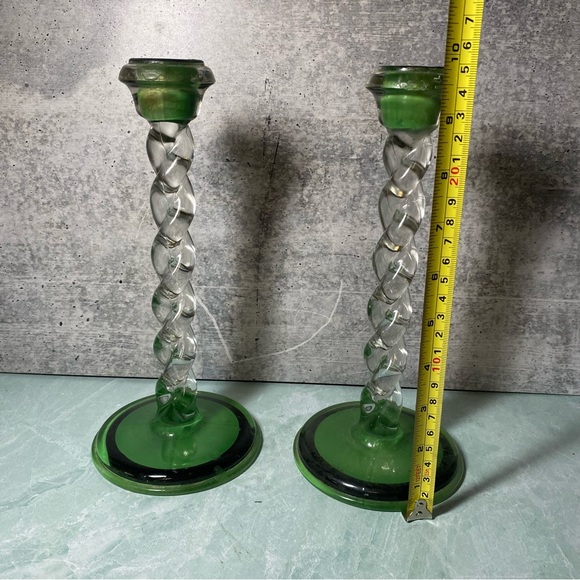 Vintage barley twist glass candlestick holders SET green and black detail MCM - Picture 4 of 5